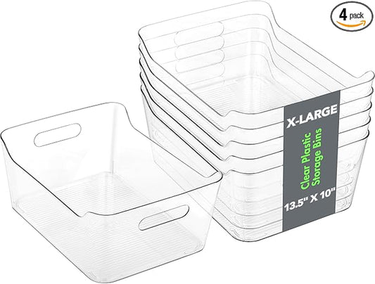 Tiawudi 4 Pack Plastic Storage Bins, Extra Large Pantry Organizer, 13.5" x 10" Clear Storage Containers and Organizer Bins, Multi-Use Bins for Home, Kitchen, Closet and Cabinet