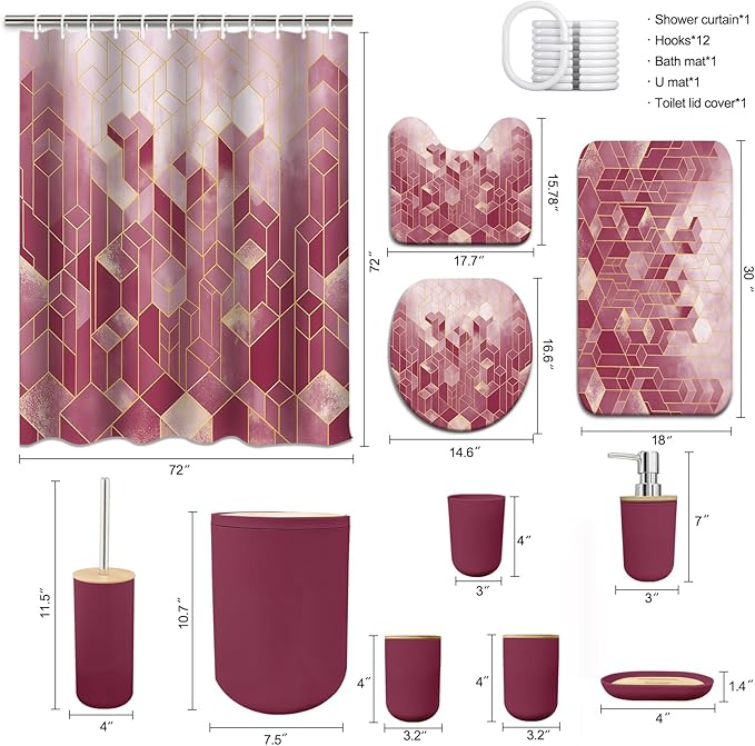 Lnond Red Bathroom Set, Red Abstract Cubes Bathroom Accessories Sets Complete, Luxury Restroom Set with Shower Curtain and Rugs, Trash Can, Toilet Brush Holder Set & Soap Dispenser