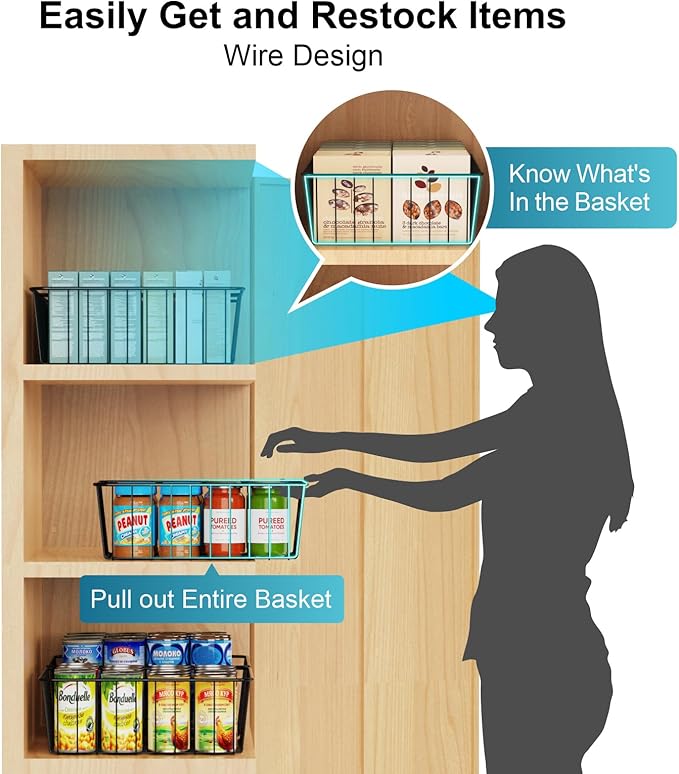 iSPECLE Wire Basket - 4 Pack Wire Storage Baskets Organizer Bins, Pantry Cabinet Shelf Kithen Storage Organization for Easily Get Items, Black