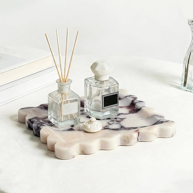 Elegant Square Marble Decorative Tray with Scalloped Edge Natural Stone Vanity Tray Organizer for Counter, Vanity, Dresser, Nightstand, Bathroom & Kitchen Sink(Calacatta Viola)
