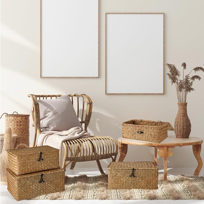 Woanger Set of 4 Wicker Storage Baskets Organizer，Handwoven Storage Bins with Lid for Organizing, Home Utility Box for Home Office Supplies Multipurpose Container(Orange)