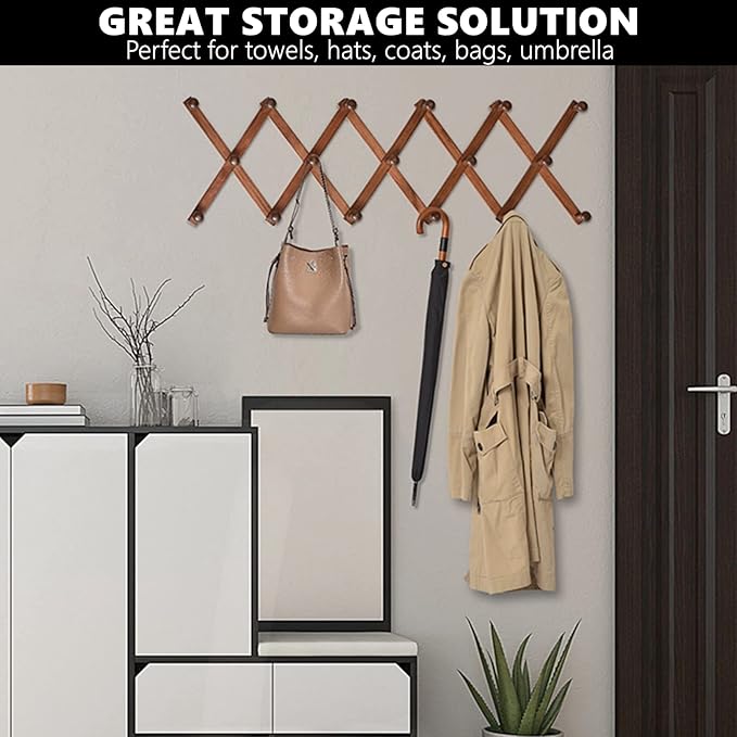 Amber Home Wood Accordion Wall Rack 17 Hooks (Pegs), Expandable Wall Mounted Hanger for Coat, Hat, Scarf, Coffee Mugs, X Shape Coat Hooks (Antique Retro Color)