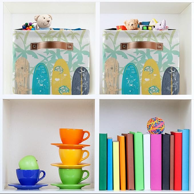 susiyo Large Foldable Storage Bin Palm Trees Surf Boards Fabric Storage Baskets Collapsible Decorative Baskets Organizing Basket Bin with PU Handles for Shelves Home Closet Bedroom Living Room-1Pack