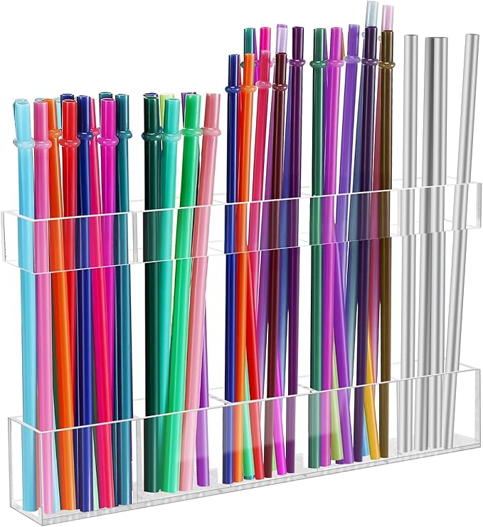 9.5â Large Acrylic Straw Holder for Cabinet Door - Reusable Tumbler Straw Organizer Storage, Small Kitchen Accessories Container, Ultra Sticky Cupboard Door Mounted (Transparent)