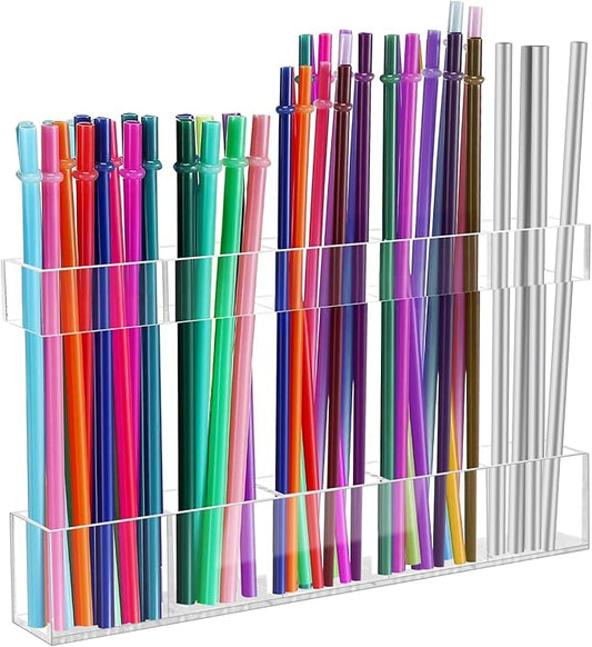 9.5â Large Acrylic Straw Holder for Cabinet Door - Reusable Tumbler Straw Organizer Storage, Small Kitchen Accessories Container, Ultra Sticky Cupboard Door Mounted (Transparent)