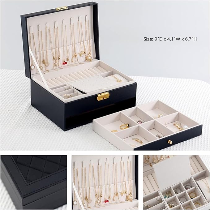 GUOER Jewelry Box for Women Girl Wife - Large PU Leather Jewelry Organizer Storage Case with Two Layers Display for Earrings Bracelets Rings Watches (Black)