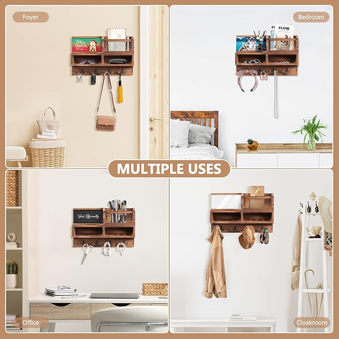 Key Holder Wall Mount, Wooden Mail and Key Organizer with Chalkboard and Mirror, 3 Greeting Cards, 8 Hooks, Brown, Type 1