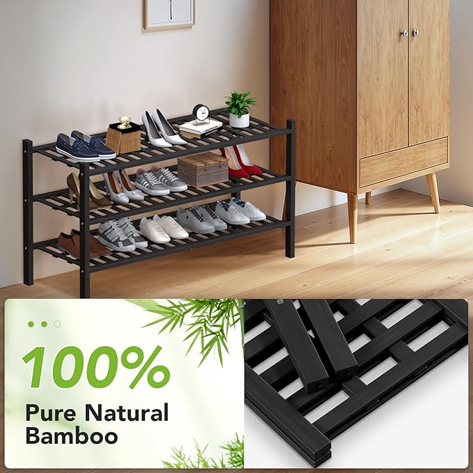 Haddockway Long 3 Tier Bamboo Shoe Rack Storage Organizer,Multifunctional Free Standing Stackable Shoe Shelf with Grid Panel for Closet,Hallway,Entryway,Small Space 34.2"x11"x20"