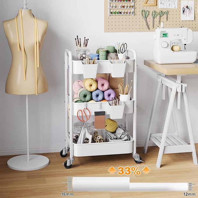 3 Tier Rolling Cart Metal with Wheels, White Three Tiered Storage Cart on Wheels, Utility Trolley Carts Organizer for Kitchen Storage, Pantry, Snack, Craft, Art, Lash, Makeup, Bathroom, Dorm Supply