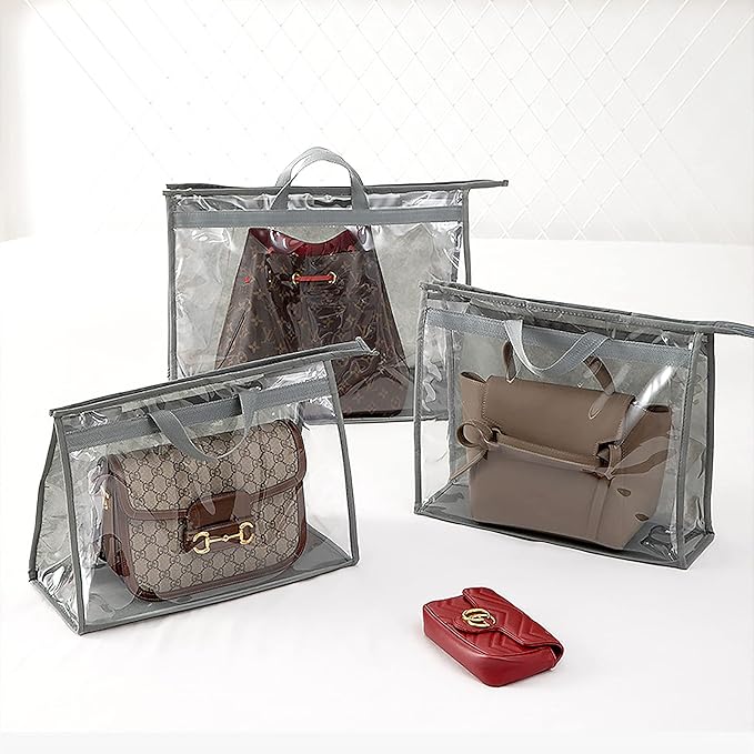 CINPIUK Handbag Dust Bags Clear Purse Storage Organizer for Closet Small to Extra Large Handbags Dust Free Bags Hanging Zipper Storage Bag with Hooks, ( Grey, 4 Sizes-8PCS)