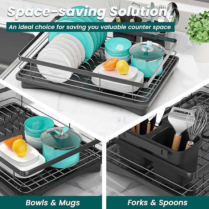 Small Dish Drying Rack for Kitchen Counter with Drainboard & Utensil Holder, Metal Dish Drainers for Kitchen with Adjustable Drain Spout, Ideal Dishes Strainers for Singles or Couples (Black)