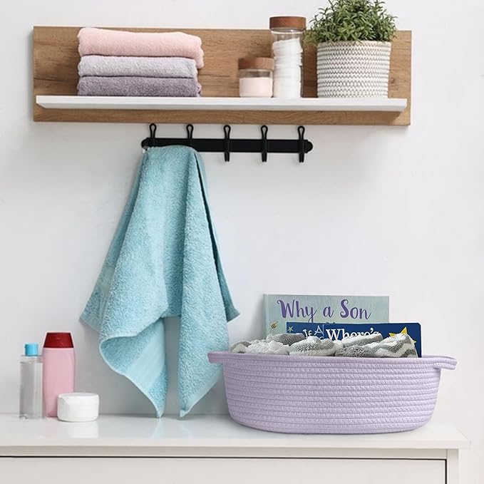 Purple Small Woven Basket, 13â x 9â x 5â Baskets for Gifts Empty, Cotton Rope Gift Basket, Cute Nursery Baby Organizer, Cat Dog Toy Box, Oval Wicker Storage Bin with Handle