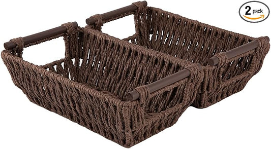 OIAHOMY Small Storage Baskets, Paper Rope Wicker Organizers with Wooden Handles, Baskets for Organizing, 2-Pack, Brown