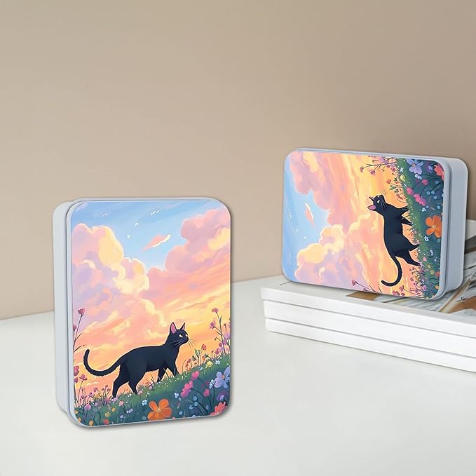 Metal Tin Box with Lid,Multi-functional Storage Large Box Can Store Tea Biscuits Game Cards, Playing & Tarot Cards-Comes with 4 Magnetic Cord Clips,Black Cat in Flower Field