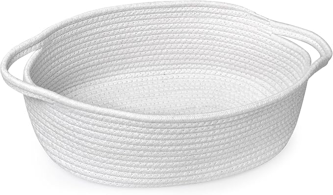 White Small Woven Basket, 13â x 9â x 5â Baskets for Gifts Empty Cotton Rope, Cute Nursery Baby Storage Organizer, Wicker Cat Toy Bin Box with Handles, Empty Gift Boo Basket
