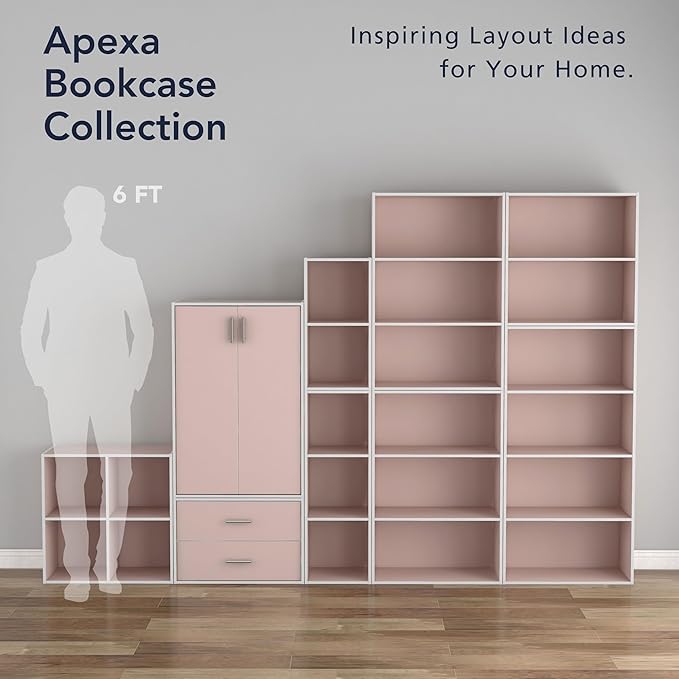 Homes: Inside + Out Apexa 2-Cube Storage Organizer Shelves, Stackable Wood Bookcase Fits Cubby Bins for Organization, Dorm Teen Room Decor & Home Office, Light Pink