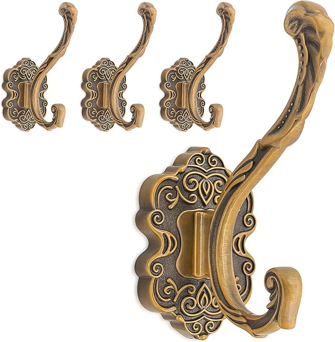 Vintage Coat Hooks Wall Mount, Unique Heavy Duty Wall Hooks for Hanging Towel Key Purse Hat Robe Clothes Decorative Hook for Bathroom Shower Closet Entryway Antique Brass 4 Pack
