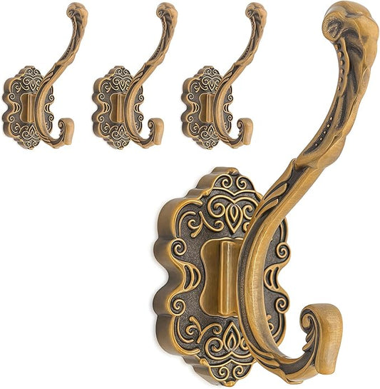 Vintage Coat Hooks Wall Mount, Unique Heavy Duty Wall Hooks for Hanging Towel Key Purse Hat Robe Clothes Decorative Hook for Bathroom Shower Closet Entryway Antique Brass 4 Pack
