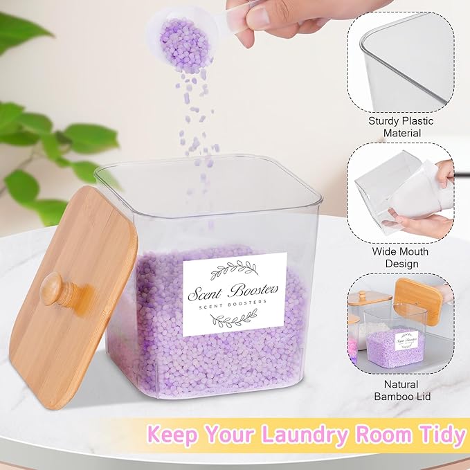 efluky 3 Pack Laundry Pods Container & Dryer Sheet Holder Set, Clear Laundry Room Organization Containers with Bamboo Lids and Labels, Detergent Pods Storage for Scent Booster, Powder