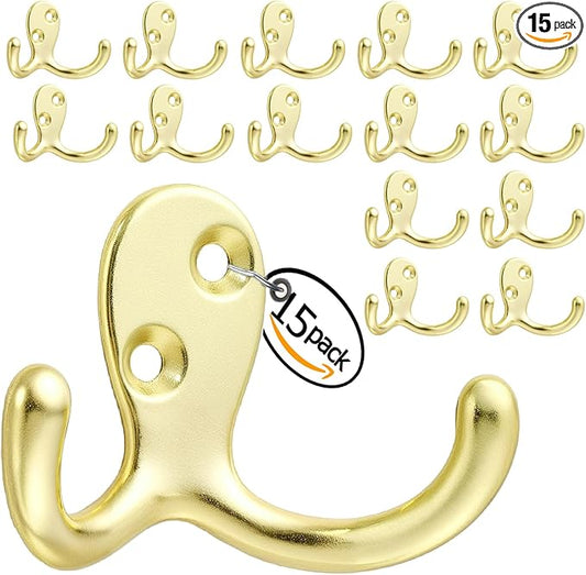 Coat Hooks Wall Hooks for Hanging - 15 Pack Gold Double Prong Hook Wall Mounted - Great for Living Room, Bedroom, Bathroom, Closet for Coat, Bag, Towel, Hat, Key, Cup, Heavy-Duty, Easy to Install