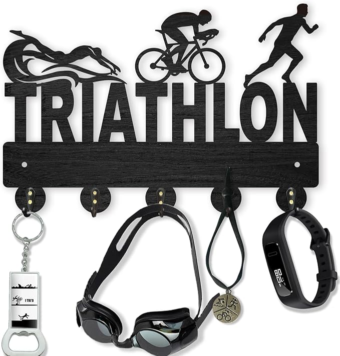 MAYJOYDIY Triathlon Coat Hooks Wall Mounted 11.8×8inch Key Holder Hooks Wood Wall Coat Rack 5 Metal Hooks Hook Rack Rail for Art Decor Gift Sports Hat Medals Swimming Goggles Wall Hanger