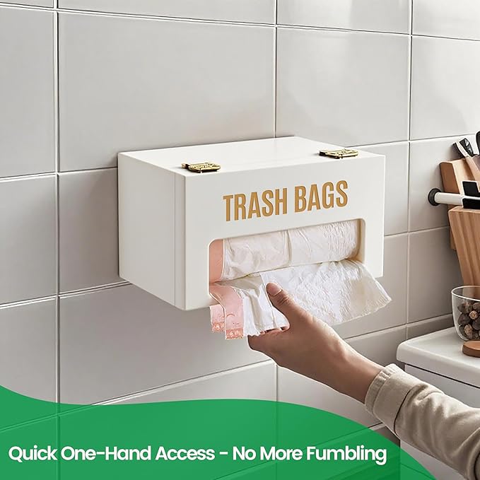 Extra Large White Bamboo Trash Bag Holder Dispenser, Fits Costco & Sam's Club Jumbo Rolls, Under-Sink, Cabinet & Wall Mount Organizer, Garbage Bag Storage for Kitchen, Pantry, Garage