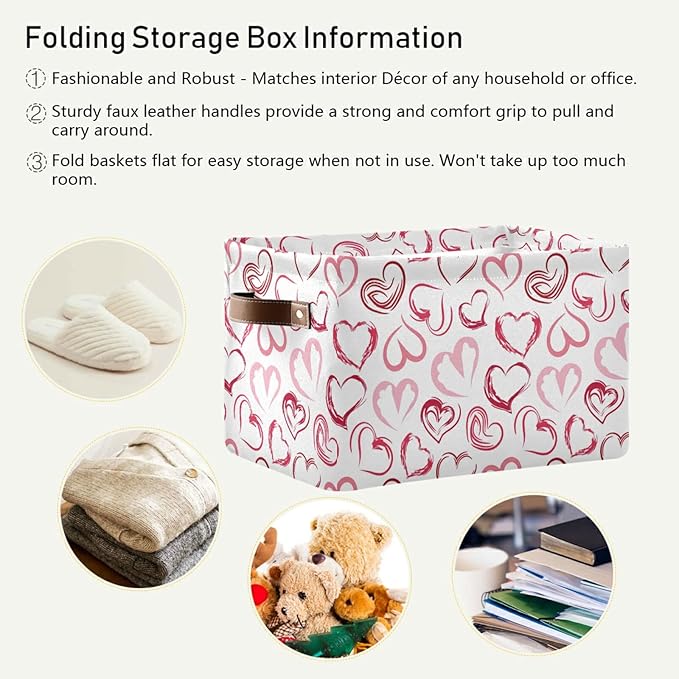Pink Love Large Foldable Storage Basket,Valentines Day Storage Bin Fabric Collapsible Organizer Bag with Handles 15x11x9.5 inch