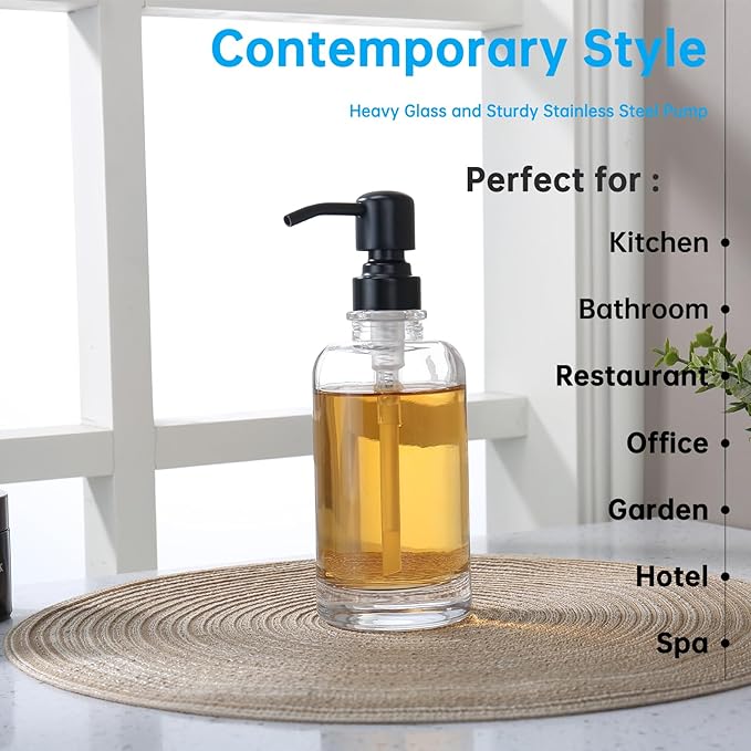 Bathroom Soap Dispenser Black, 11 oz Glass Cylindrical Bottles with Stainless Steel Pump Liquid Hand Soap Dispenser Kitchen