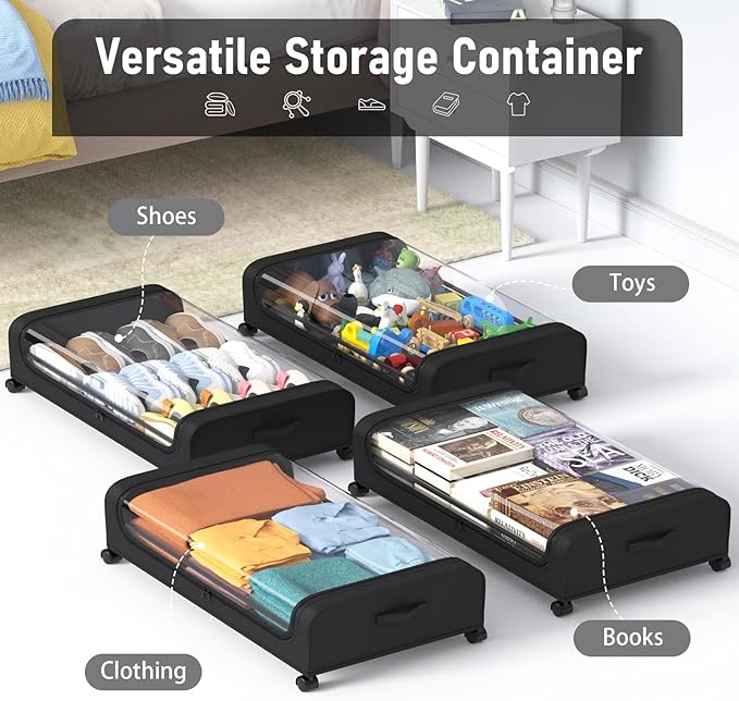 Under Bed Storage with Wheels, Under Bed Storage Containers for Clothes Shoe Toy Book Blanket, Under Bed Storage Drawer for Bedroom Under Bed Rolling Storage with Lid, 2 Pack