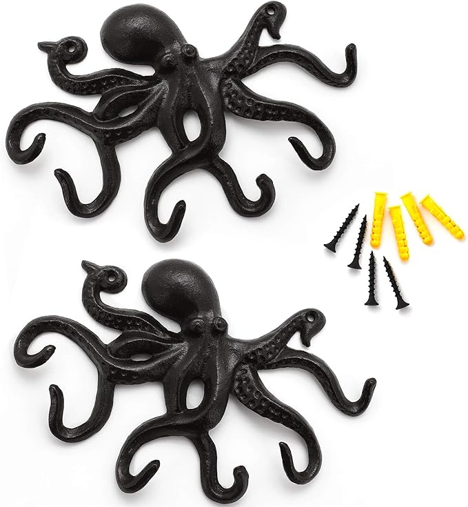 Coat Hooks Wall Mounted Key Holder, Retro Octopus Towel Hooks for Bathrooms, Heavy Duty Wall Hooks Decorative- 2Pcs