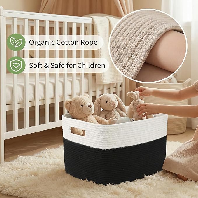 Woven Blanket Basket,96L Large Storage Bin for Blankets Toys Clothes,Decorative Rope Basket for Living Room Bedroom with Handles, White&Black