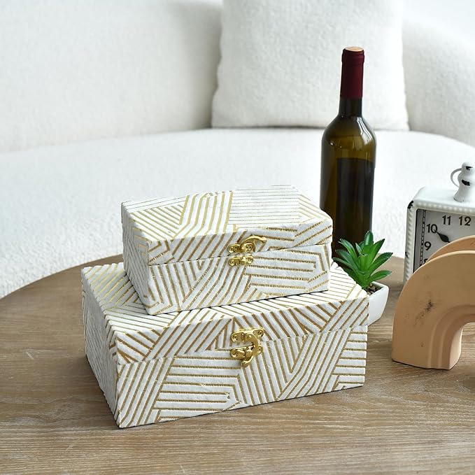 Velvet Decorative Boxes Storage Accessory Organizer with Gold Stripe Set of 2, White
