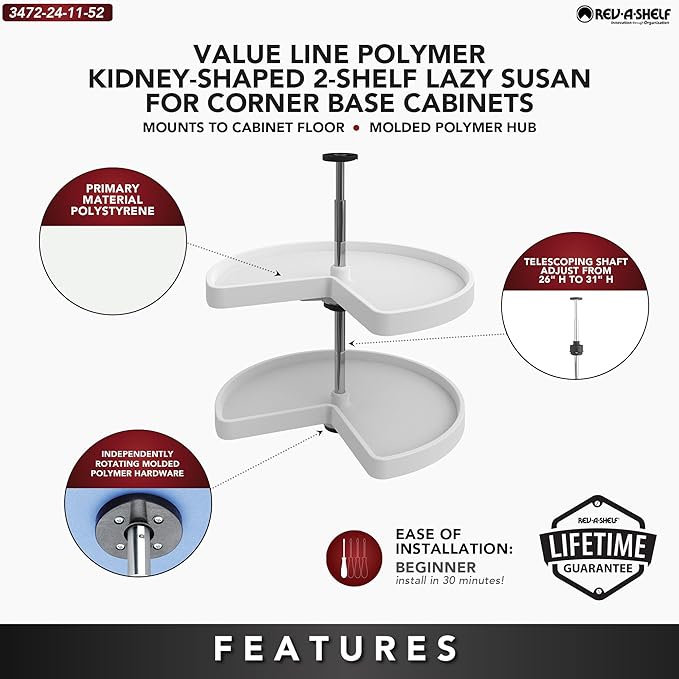 Rev-A-Shelf 2 Tier Kidney Cut Lazy Susan for Corner Base Cabinets, Plastic, 24" Double Shelf Swivel Kitchen Spice/Can Organizer, White, 3472-24-11-52