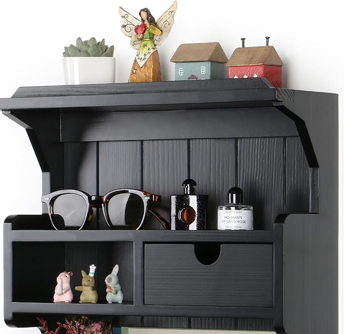 Key Holder for Wall, Elegant Wall-Mounted Mail Organizer with Storage Drawers, Black