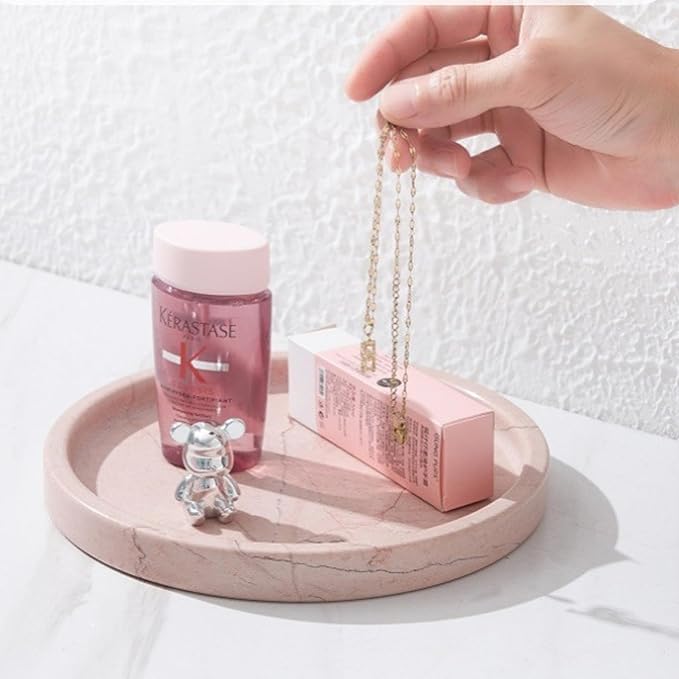 Natural Marble Tray, Round Pink Tray for Bedroom/Bathroom/Kitchen/Vanity Countertop, Jewelry Tray for Rings Earrings Necklace Bracelet Watch, Room Decor Aesthetic
