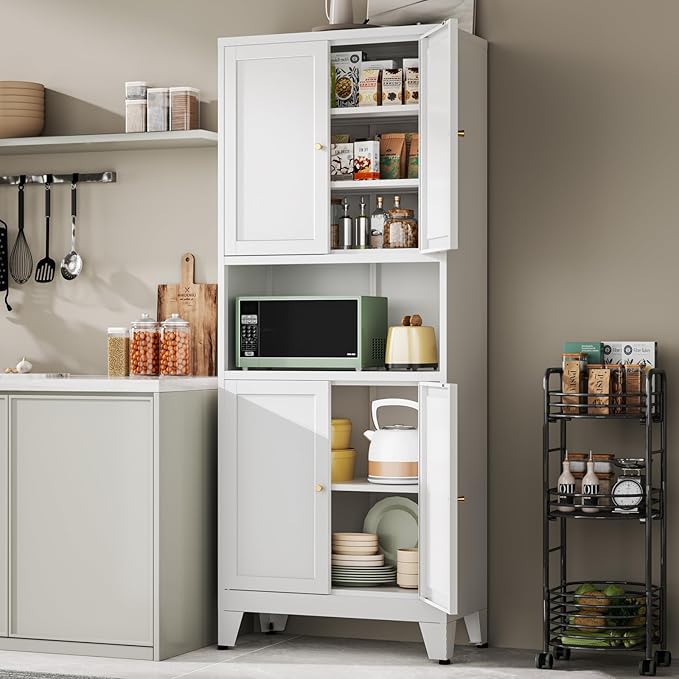 69" Tall Metal Pantry Cabinet with Microwave Shelf,Microwave Storage Cabinet with 4 Doors & 3 Adjustable Shelves,Metal Cabinet with Storage for Kitchen Dining Room Living Room(1PC,White)