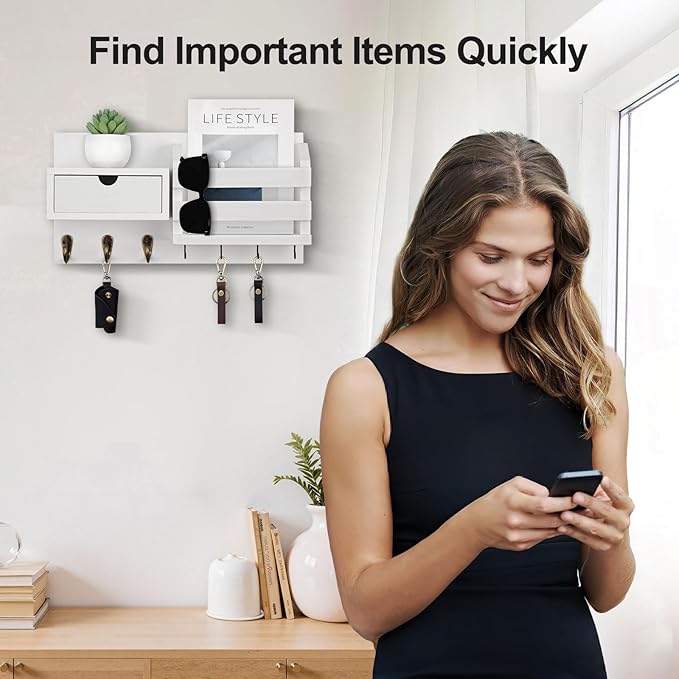 Wall Mount Key Holder with Mail Organizer, 100% Paulownia Wood, 7 Metal Hooks, Storage Drawer, Entryway Home Decor (White)