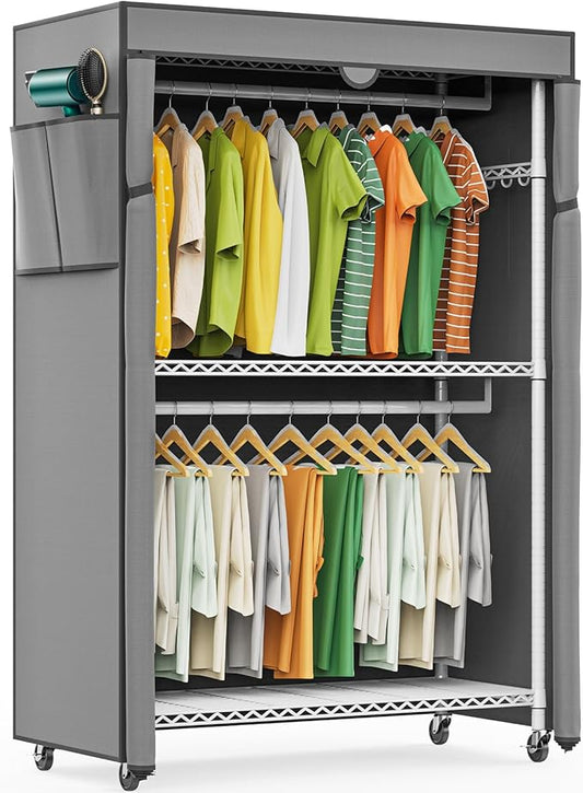 LEHOM G1C Heavy Duty Clothes Rack with Cover, Rolling Garment Rack for Hanging Clothes, Portable Closets with Oxford Fabric Cover, Freestanding Clothing Rack on Wheels (White+gray Cover, G1C)