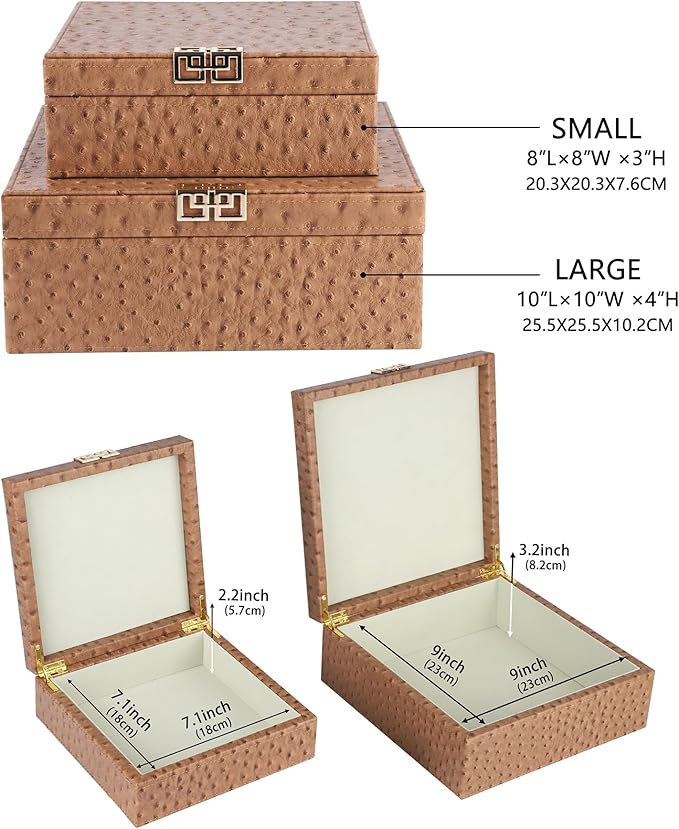 HofferRuffer Square Decorative Boxes, Set of 2 Nesting Storage Memory Keepsake Boxes with Lids, Stylish PU Leather Trinket Jewelry Organizer Box for Home Decor and Storage (Camel Ostrich)