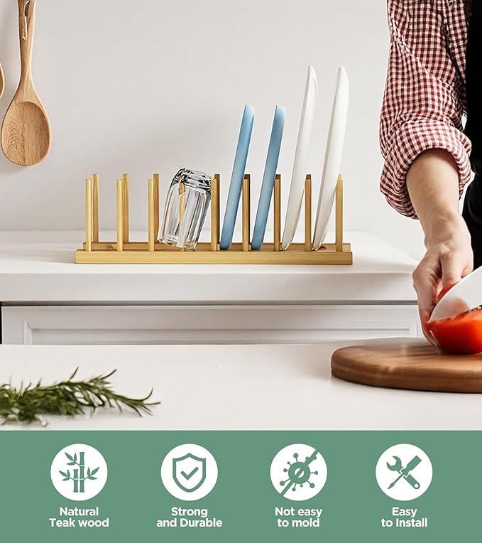 Bamboo Dish Drying Rack, Plate Organizer for Kitchen Cabinet, Vertical Plate Lid Holders for Plates, Cups, Cutting Boards, Utensils Cabinet or Countertop Storage