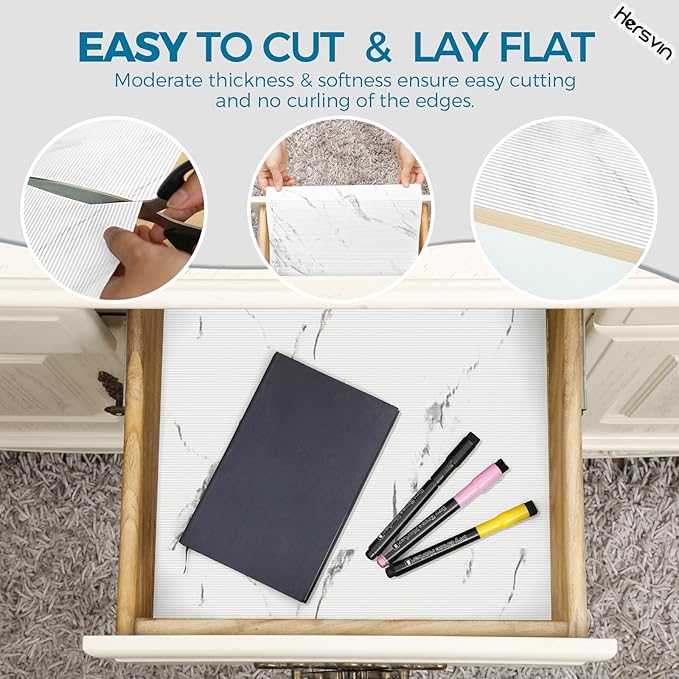Hersvin Shelf Liners 10 in x 20 ft EVA Drawer Mats, Non-Adhesive Cupboard Protector, Kitchen Cabinet Lining Fridge Liner (White Marble Stripe, 25.4x610cm)