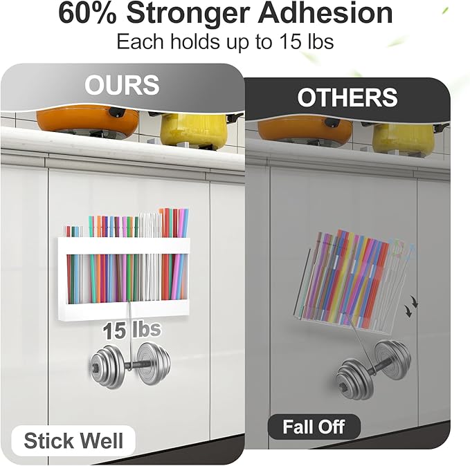 2 Pack 9.5” Large Acrylic Straw Holder for Cabinet Door with Detachable Ultra Sticky Adhesive Squares and Stickers, 2026 Reusable Straws Organizer Storage Dispenser for Kitchen Counter Cupboard
