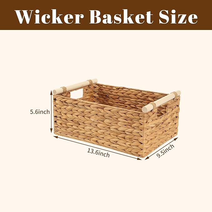 Wicker Storage Basket with Handles 13.6x9.5x5.6 Inch, Natural Woven Storage Baskets for Shelves Organization, Decorative Basket for Kitchen, Bathroom, Living Room Decor, Farmhouse Home Decor