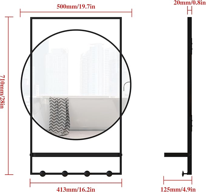 WONSTART 28 x20 Inch Entryway Mirror with Hooks, Bathroom Mirror with Shelf, Rectangular Frame Round Wall Mirror with Shelf and Hooks, Vanity Mirror Decorative for Wall