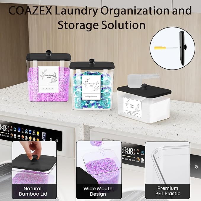 3 Pack Plastic Laundry Pods Container & Dryer Sheet Holder, Laundry Room Organization and Storage Jars with Lids, Scoops & Labels for Detergent, Powder, Scent Booster(Black Lid)
