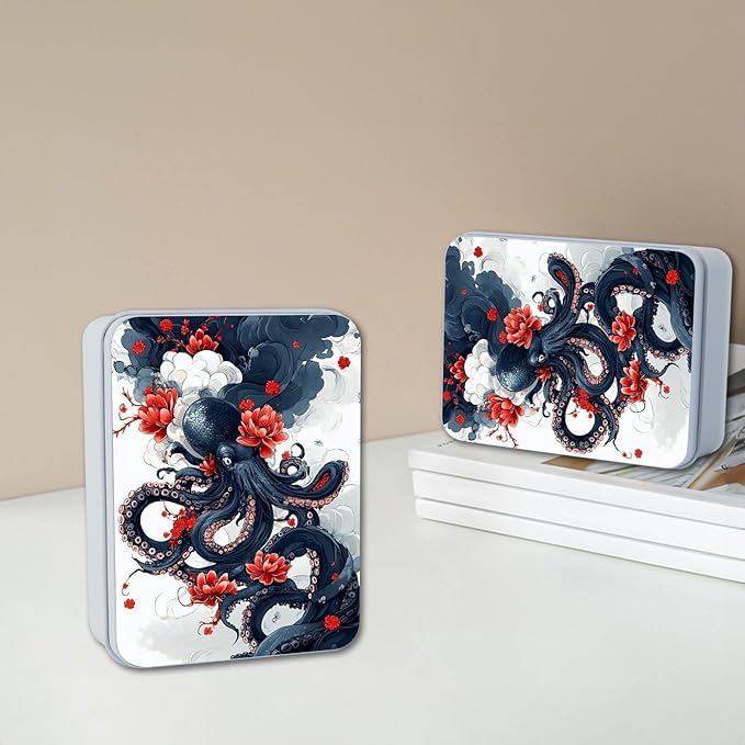 Metal Tin Box with Lid,Multi-functional Storage Large Box Can Store Tea Biscuits Game Cards, Playing & Tarot Cards-Comes with 4 Magnetic Cord Clips,Octopus and Red Flower