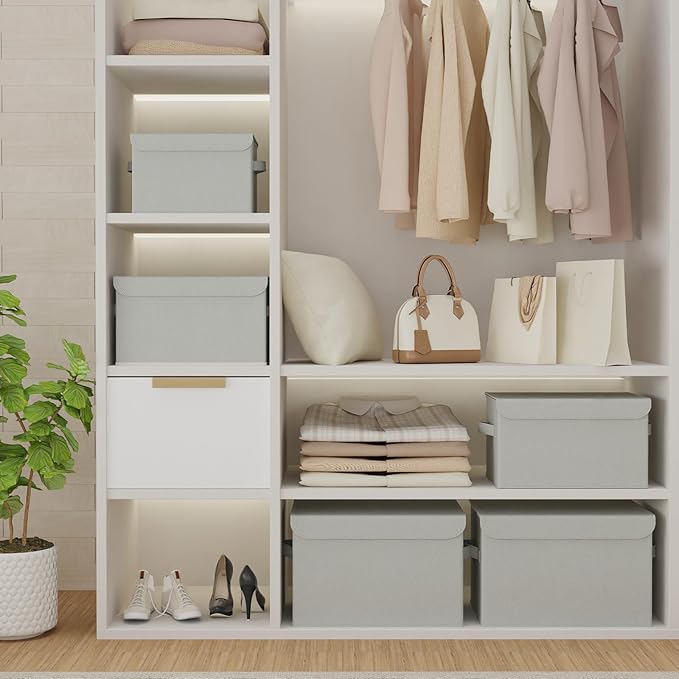 Storage Bins with Lids for Organizing, Closet Boxes with 2 Carrying Handles and Sturdy Heavy Cardboard, Home Organizers Cubes, 4 Pack, Grey, 15 x 9.8 x 9.8 In, XSNY12GL-4