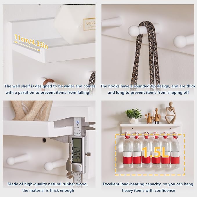 Wood Coat Hook with Wall-Mounted Shelf, 23.62in Entryway Wall Hanging Shelf, for Bathroom, Kitchen, Coat Towel Key Organizer White YD-WS0260W
