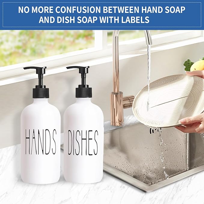 16 Oz Glass Soap Dispenser Set 2 Pack for Kitchen Sink,Contains Hand and Dish Soap Dispenser,White Kitchen Utensils