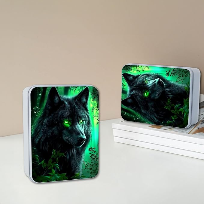 Metal Tin Box with Lid,Multi-functional Storage Box Can Store Tea Biscuits Game Cards, Playing & Tarot Cards-Comes with 4 Magnetic Cord Clips,Wolf with Glowing Green Eyes